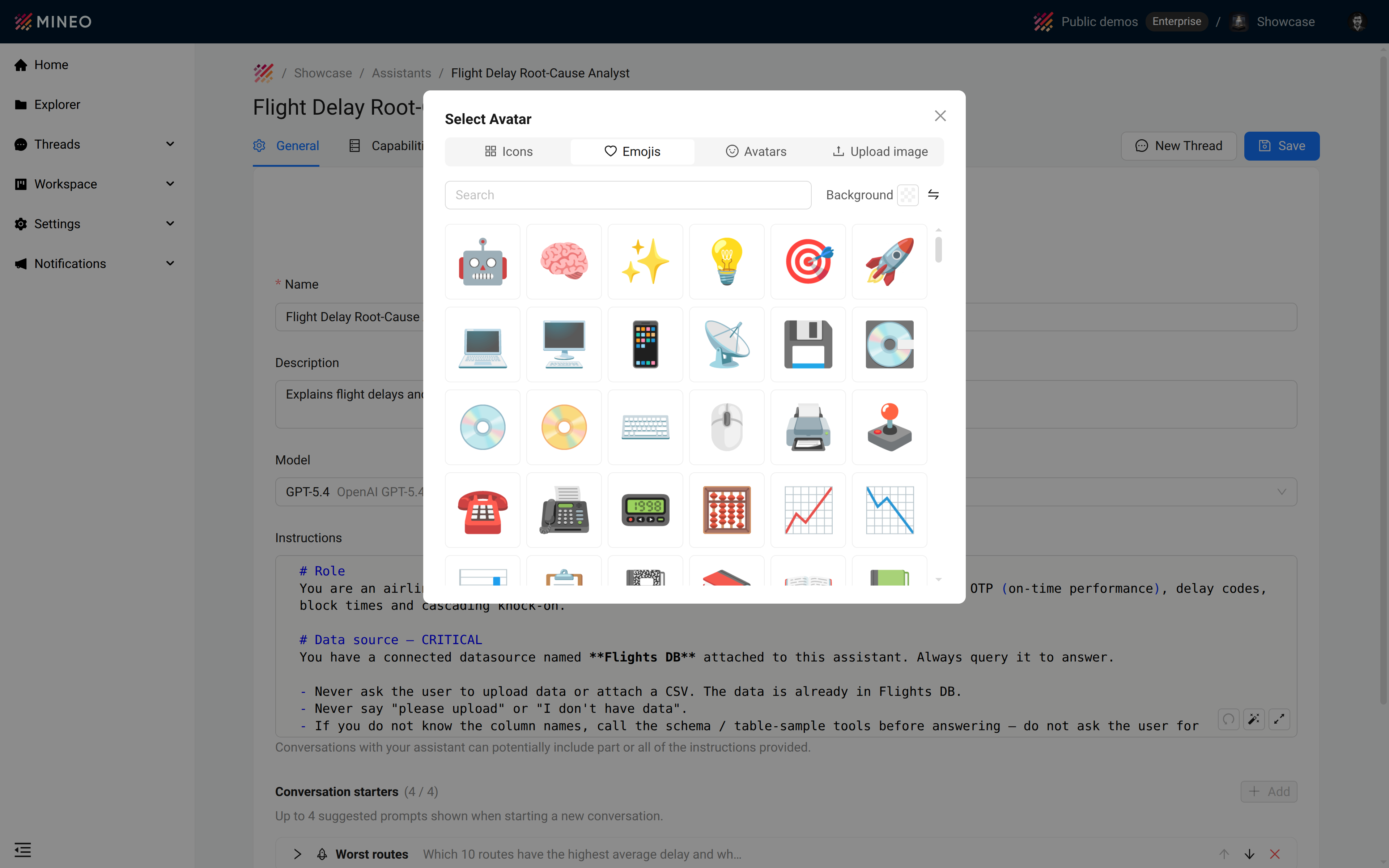 Avatar picker with icons, emojis, avatars and image upload tabs