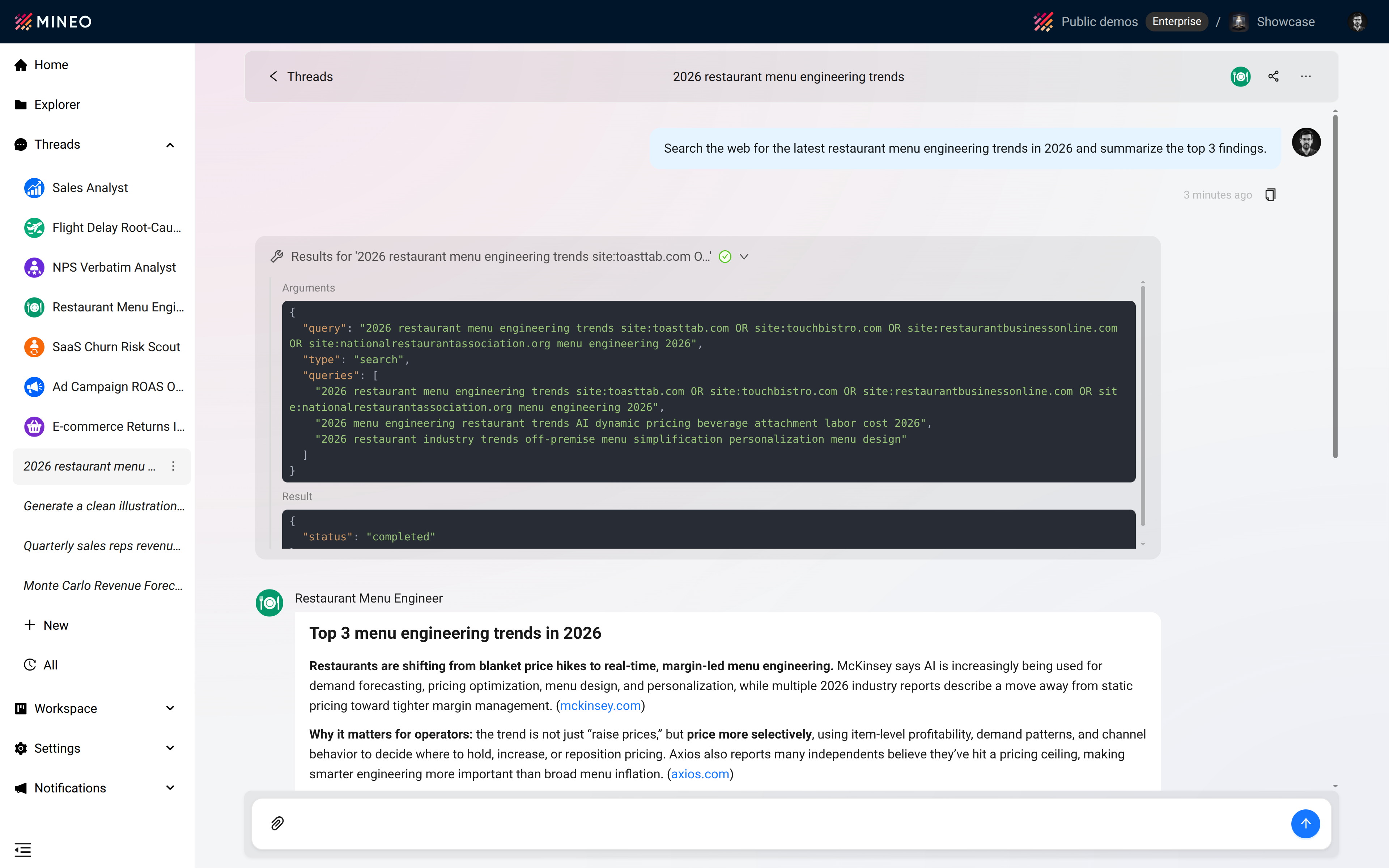 Tool call exposing the search query in a MINEO Thread