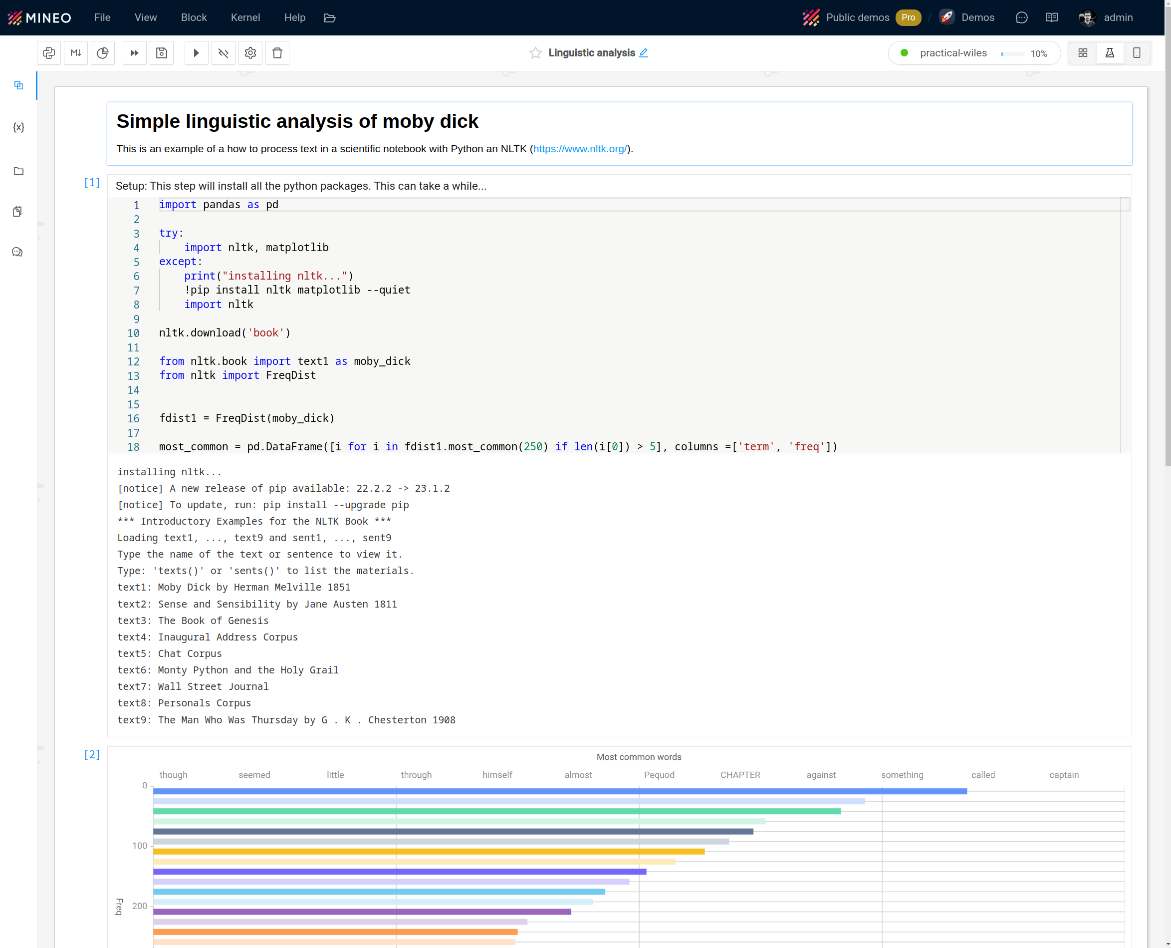 Linguistic analysis of Moby Dick with NLTK